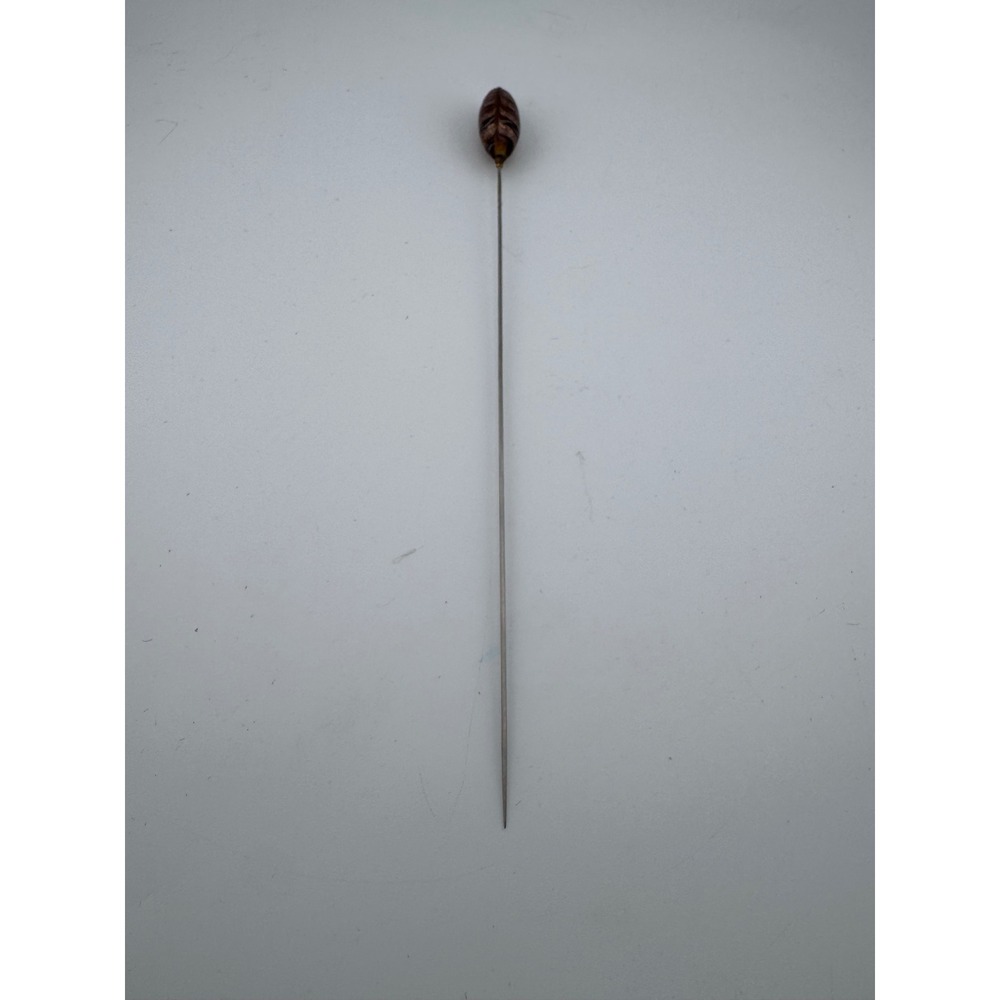 Vintage Art Glass Hat Pin‎ Amber Brown Swirl Gold Aventurine Bead Silver Tone